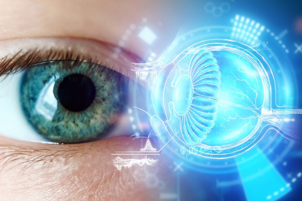 Realistic hologram of human eye and real eye close-up. Vision concept, laser eye surgery, cataract, astigmatism, modern ophthalmologist