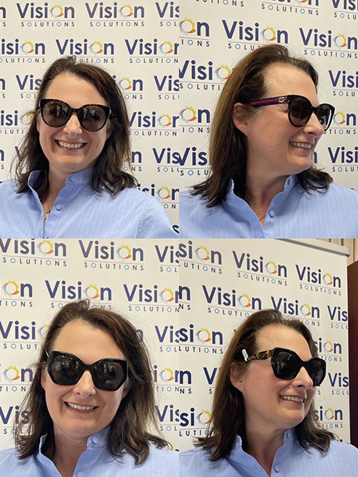 woman wearing four different sunglass frames