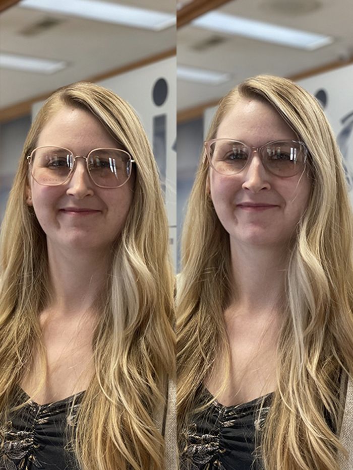 woman wearing two different eye glass frames