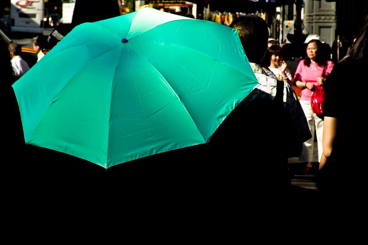 Green umbrella on a sunny day