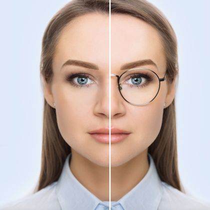 smiling woman with vision chart