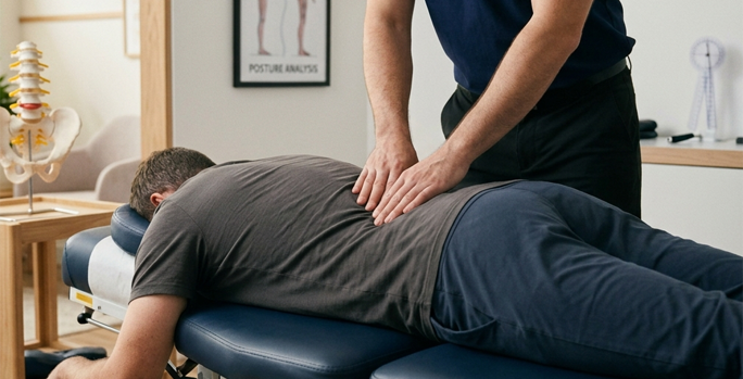 Chiropractor applying manual pressure to a patient's lower back during treatment