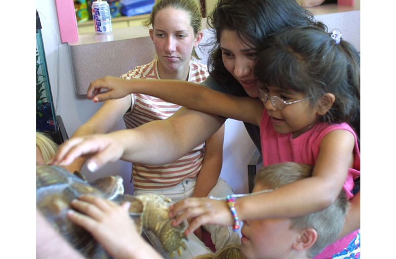 Kids petting Larry